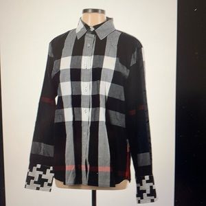 Long Sleeve button-down shirt. Black and white with muted red stripe.